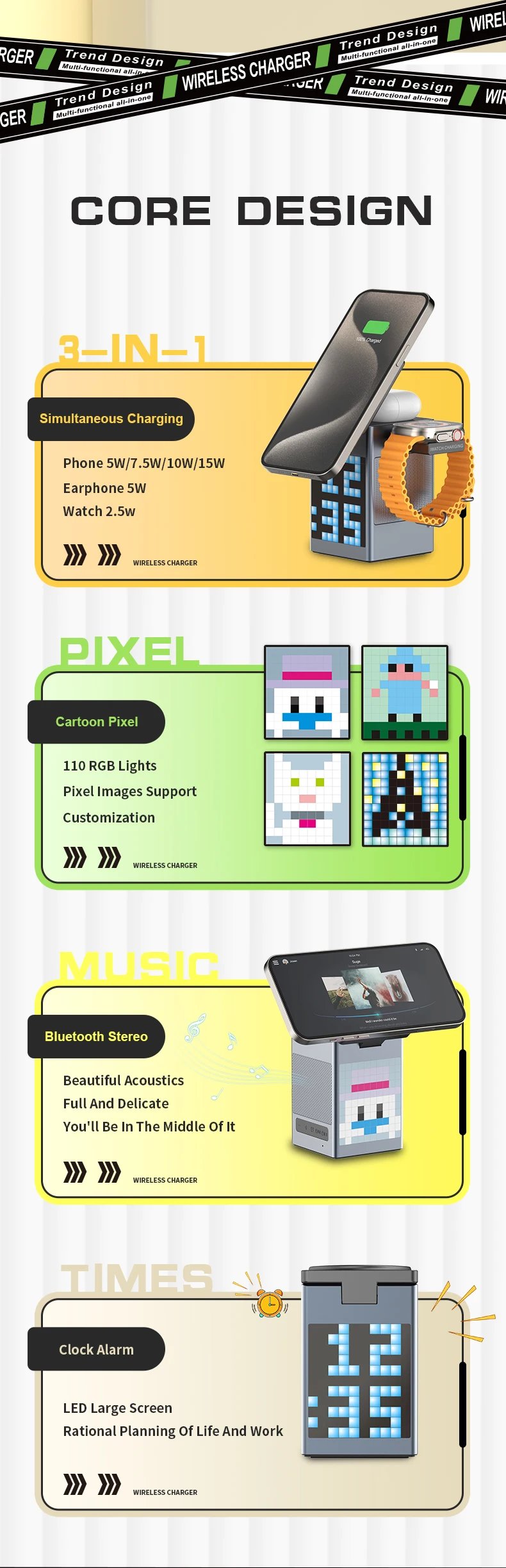 6-in-1 Pixel Animation BT Speaker Alarm Clock Multifunctional Magnetic Phone Wireless Charger Stand